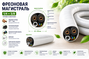 Фреонова магістраль 1/4+3/8 у розрізі — мідні труби, теплоізоляція, кабель, дренаж